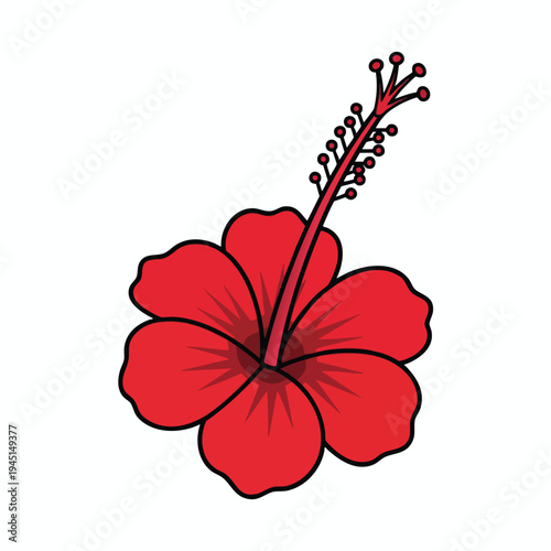 A bold red hibiscus flower with delicate petals and a prominent stamen