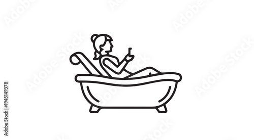 Woman Relaxing in Bathtub Holding Smartphone Line Art Illustration