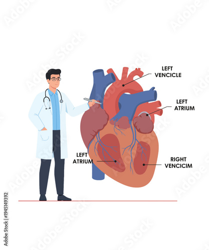 Human heart anatomy with left atrium and ventricle labeled vector illustration flat design