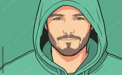 A man with a beard is wearing a green hoodie. He looks straight at the viewer with a calm expression against a green background.