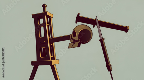 Guillotine, capital punishment via decapitation, cut off head medieval execution, decollation machine with blade, vector