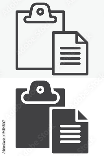 Clipboard paste document icon different style icon set. Line outline and solid icon version. Editable stroke vector sign symbol for paste, copy and document.