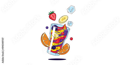 Fresh Fruit Smoothie Illustration with Falling Ingredients and Ice Cubes