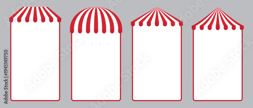 Red and white striped shop awning vertical frame background. Flat design illustration.