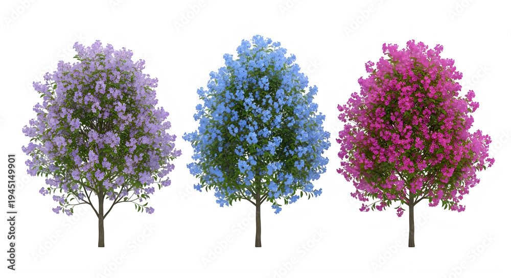 Obraz premium Three trees with purple blue and pink flowers isolated on transparent background