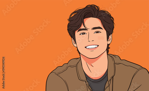 A young man with dark hair is smiling at the camera. He is wearing a brown shirt and has a bright orange background.