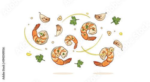 Hand Drawn Illustration of Delicious Grilled Shrimp with Garlic and Parsley