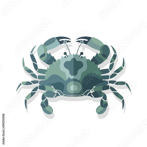 A stylized, flat-design illustration of a blue-green crab against a white background