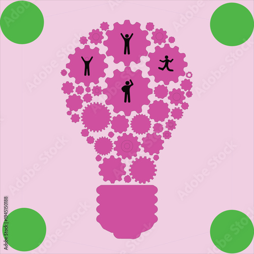 Abstract digital art vector with pink gear light bulb, human silhouettes, teamwork creativity collaboration, and surreal innovation design