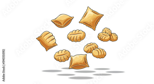 Fresh Italian Gnocchi and Ravioli Pasta Floating Isolated on White Background