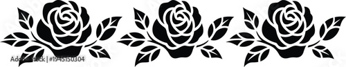 Black rose floral border silhouette, elegant horizontal botanical design with three blooming roses leaves and buds for decorative frame or border element.