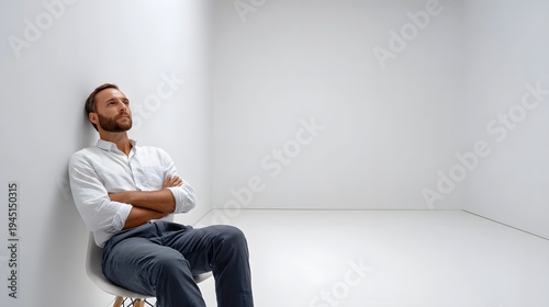 A pensive man sits in a stark white minimalist room arms crossed looking upwards into the bright empty space