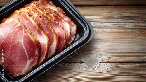 Fresh sliced ham arranged in black plastic tray on wooden table, top view, minimal clean food photography, for deli meat packaging and sandwich advertising.