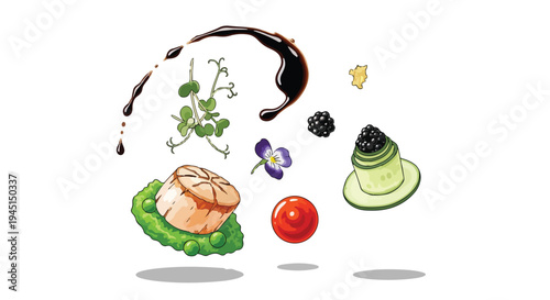 Gourmet Fine Dining Scallop Dish with Floating Ingredients and Balsamic Glaze