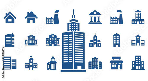 Collection of various city building icons.