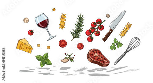 Hand Drawn Cooking Ingredients and Kitchen Utensils Floating Composition