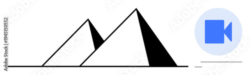 Digital design, content creation, media platforms, branding, film production, creative interfaces. Abstract pyramids with a blue camera icon. Digital design and content creation visualization