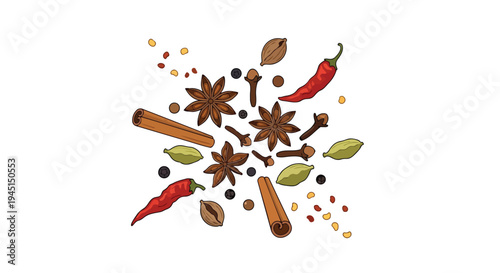 Assorted Aromatic Spices and Herbs Illustration on White Background
