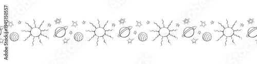 Edging, ribbon, border of planets, stars, suns in doodle style. Decorative element, divider, decoration on theme of space, astronomy, fantastic, kids design