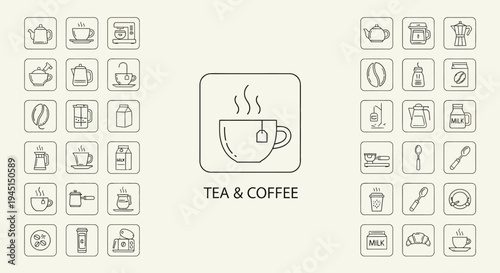 Line icons of tea and coffee related items.