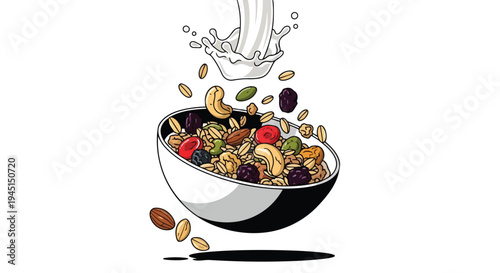 Healthy Breakfast Muesli Bowl with Milk Splash Illustration