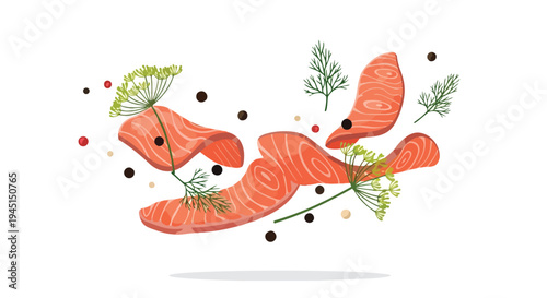 Salmon Slices with Fresh Dill and Peppercorns Floating on White Background