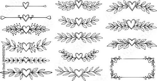 Hand drawn doodle heart and leaf branch dividers and borders