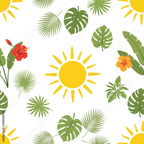 Bright suns, green leaves, and tropical flowers scattered on white