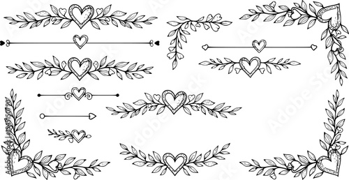 Hand drawn doodle heart and leaf branch dividers and borders