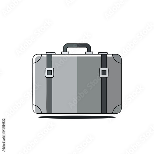 A simple, flat vector illustration of a gray suitcase with black accents and a shadow