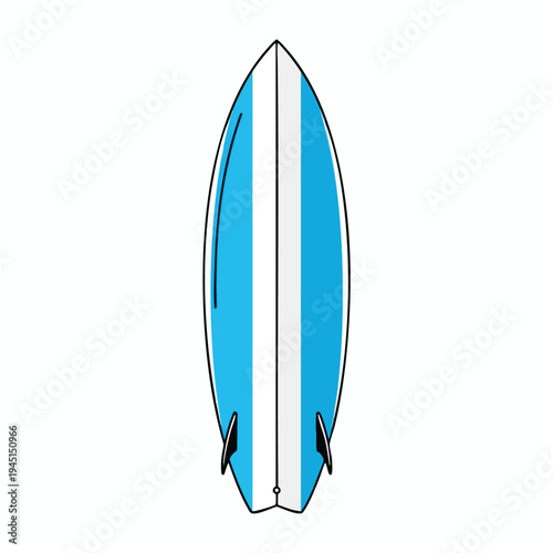 A sleek, modern surfboard with bold blue and white vertical stripes