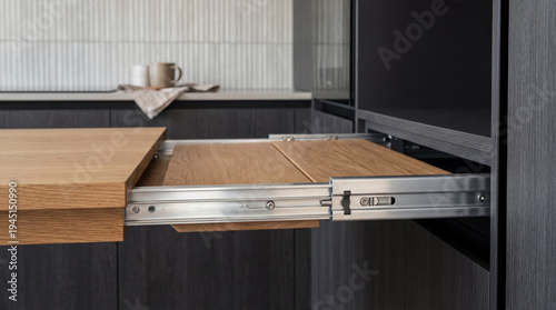 Close-up of telescopic dining table with aluminum hardware