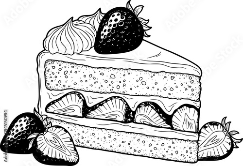 Delicious moist sponge cake slice layered with fresh strawberries and fluffy whipped cream, adorned with vibrant raspberries and mint leaves