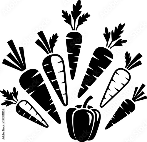 Group of stylized carrot icons and a pepper icon
