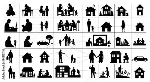 Black silhouette icons of people and buildings.