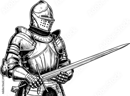 Sketch of a Medieval Knight in Full Armor with Sword. Vector hand drawn illustration
