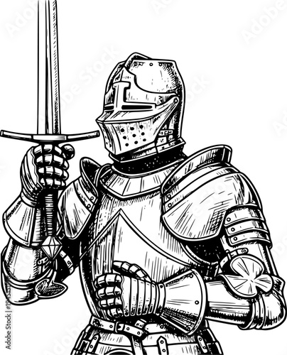 Sketch of a Medieval Knight in Full Armor with Sword. Vector hand drawn illustration
