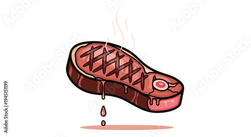 Grilled Beef Steak Cartoon Illustration with Steam and Dripping Juices