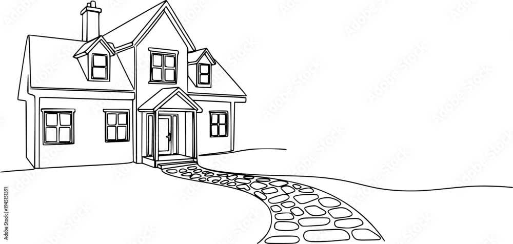 Fototapeta premium Hand drawn single line sketch of a charming home building with a connecting continuous path