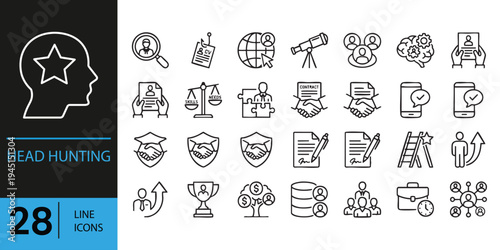 Headhunting and recruitment line icons set for business and HR