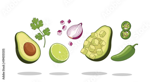 Fresh Guacamole Ingredients Set with Avocado Lime Onion Cilantro and Jalapeno