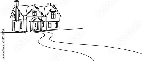 Hand drawn single line sketch of a charming home building with a connecting continuous path