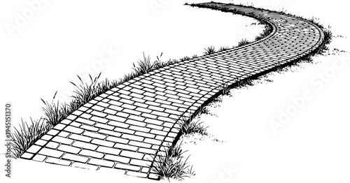 brick pathway winding through dry grass on white, cut out transparent