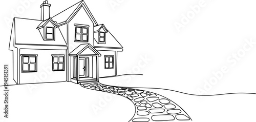 Hand drawn single line sketch of a charming home building with a connecting continuous path