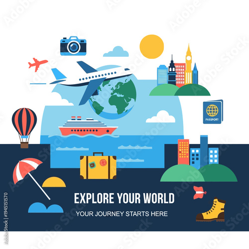 Travel and tourism concept: airplane, cruise ship, hot air balloon, suitcase, passport, city