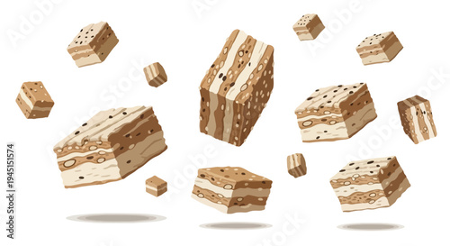 Floating Pieces of Delicious Layered Chocolate Cake or Dessert