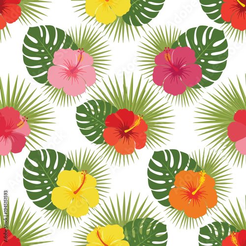 Tropical hibiscus flowers and palm leaves pattern