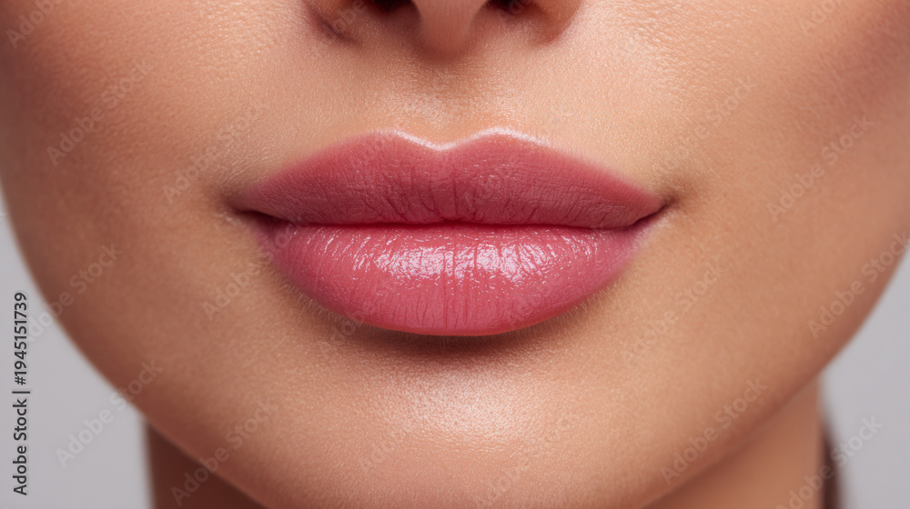Fototapeta premium Soft pink lip blush on smooth skin close up, natural makeup enhancing lips, lips, tattoo