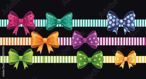 Colorful bows on striped ribbons isolated.