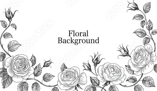 Rose floral line art background, luxury vintage bouquet frame with leaves for wedding invitation greeting card botanical pattern and elegant design.